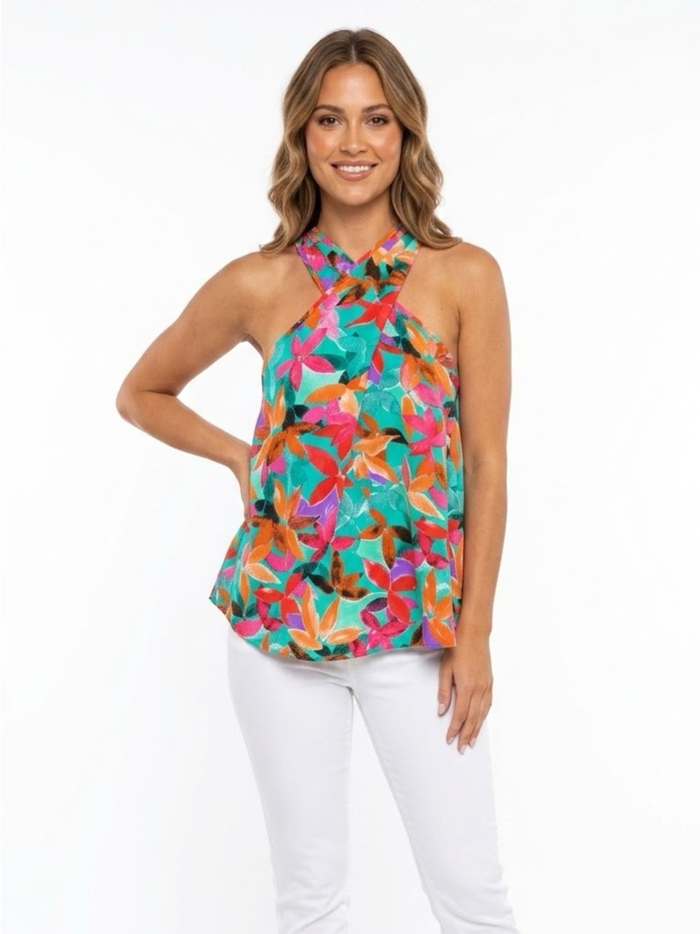 Colorful tropical floral halter neck flowy top estimated M/L